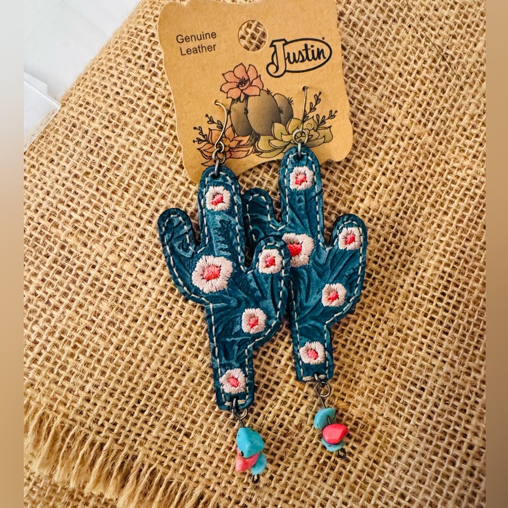 Justin Boots Teal/Turquoise Cactus Earrings with Colorful Floral aEmbroidery